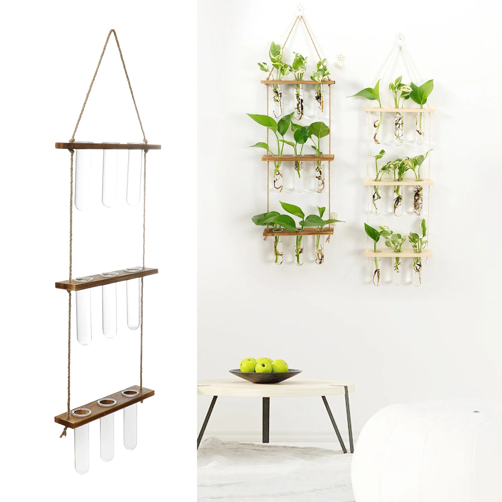 Wall Hanging Test Tube Glass Planter – Flower Bud Vase with Wooden Holder for Hydroponic Plant Propagation