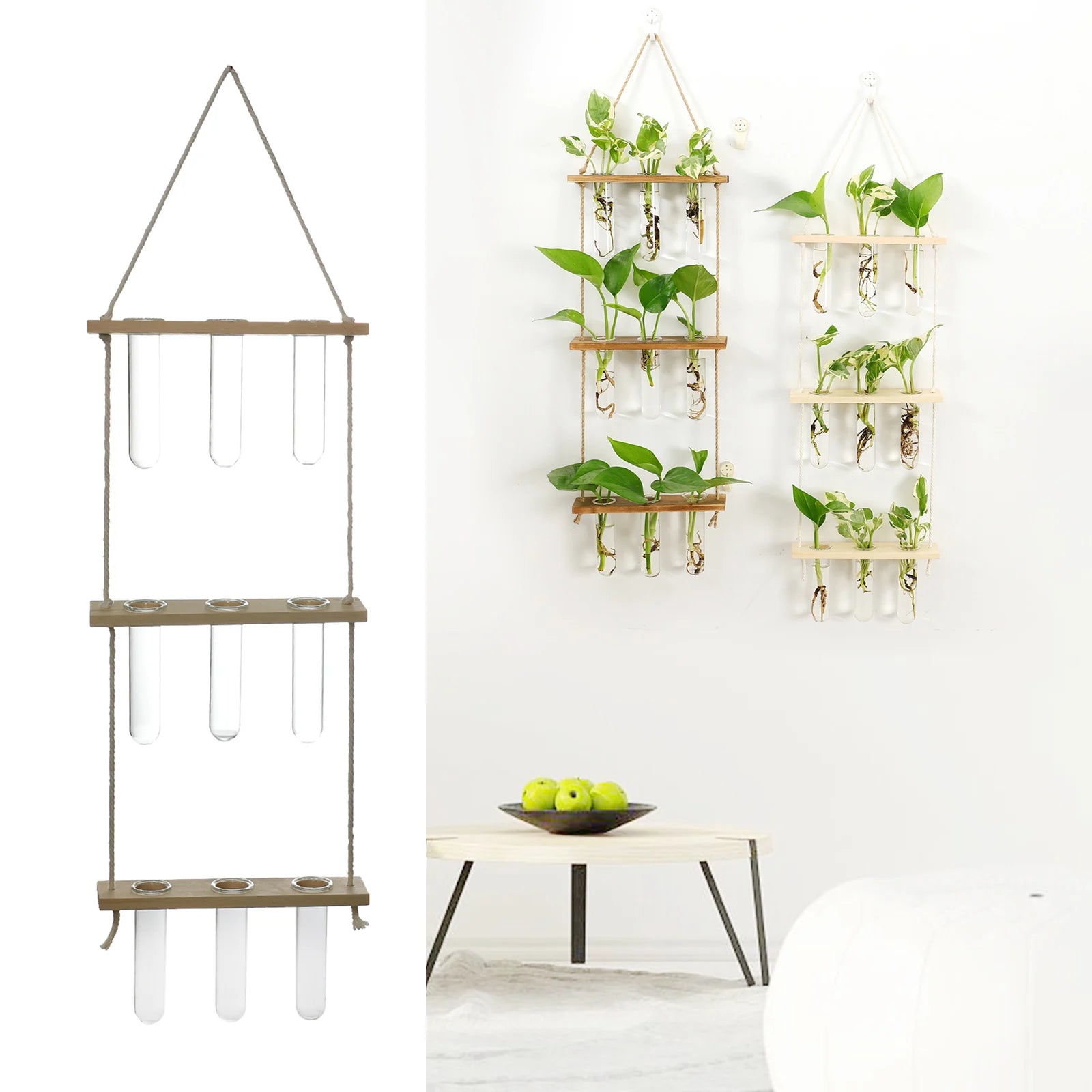 Wall Hanging Test Tube Glass Planter – Flower Bud Vase with Wooden Holder for Hydroponic Plant Propagation