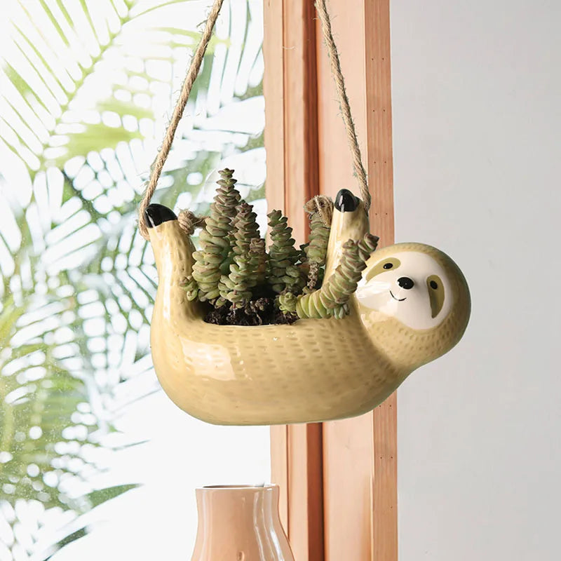 Ceramic Hanging Plant Pot – Cartoon Animal Flower Basket for Scindapsus & Chlorophytum, Garden & Home Décor