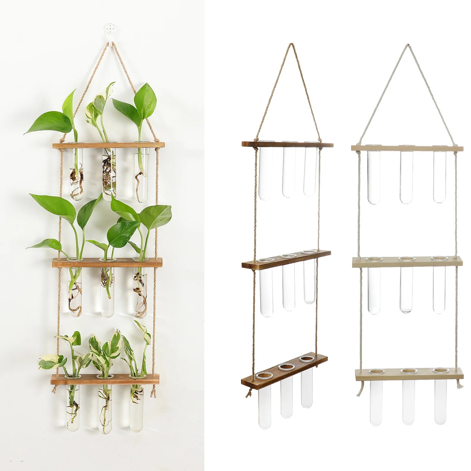 Wall Hanging Test Tube Glass Planter – Flower Bud Vase with Wooden Holder for Hydroponic Plant Propagation