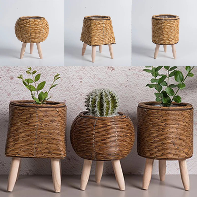 Nordic Imitation Rattan Flower Pot with Removable Legs – Woven Plant Basket Stand for Garden & Home Décor