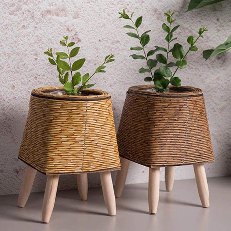 Nordic Imitation Rattan Flower Pot with Removable Legs – Woven Plant Basket Stand for Garden & Home Décor