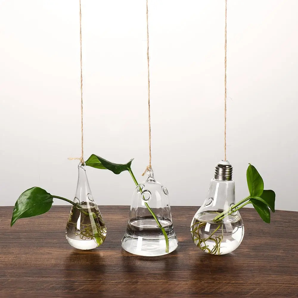 Cute Bulb/Bird/Angel/Peach/Water Droplet Glass Vase – Eye-Catching Transparent Hanging Hydroponic Plant Pot Container