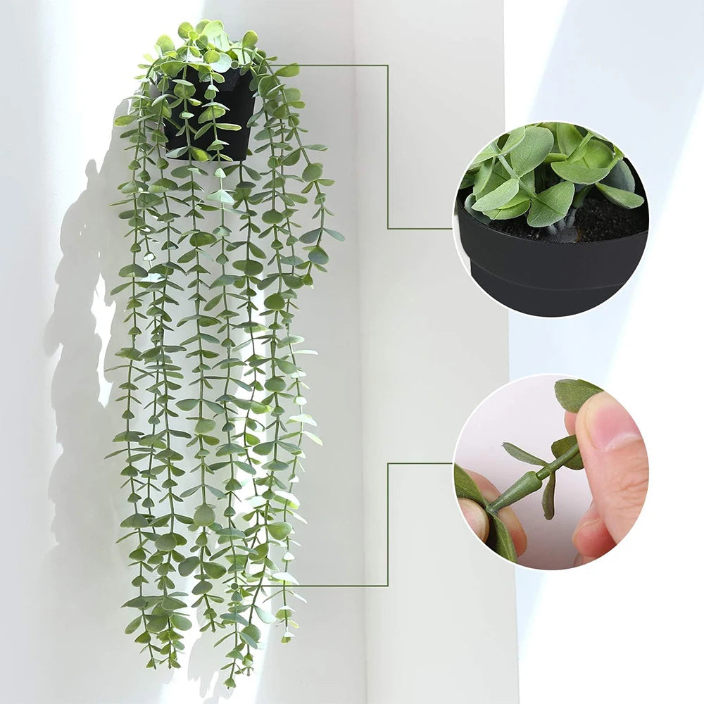 Artificial Hanging Eucalyptus Plant – Potted Rattan Vine for Room, Wall, Shelf & Home Interior Décor