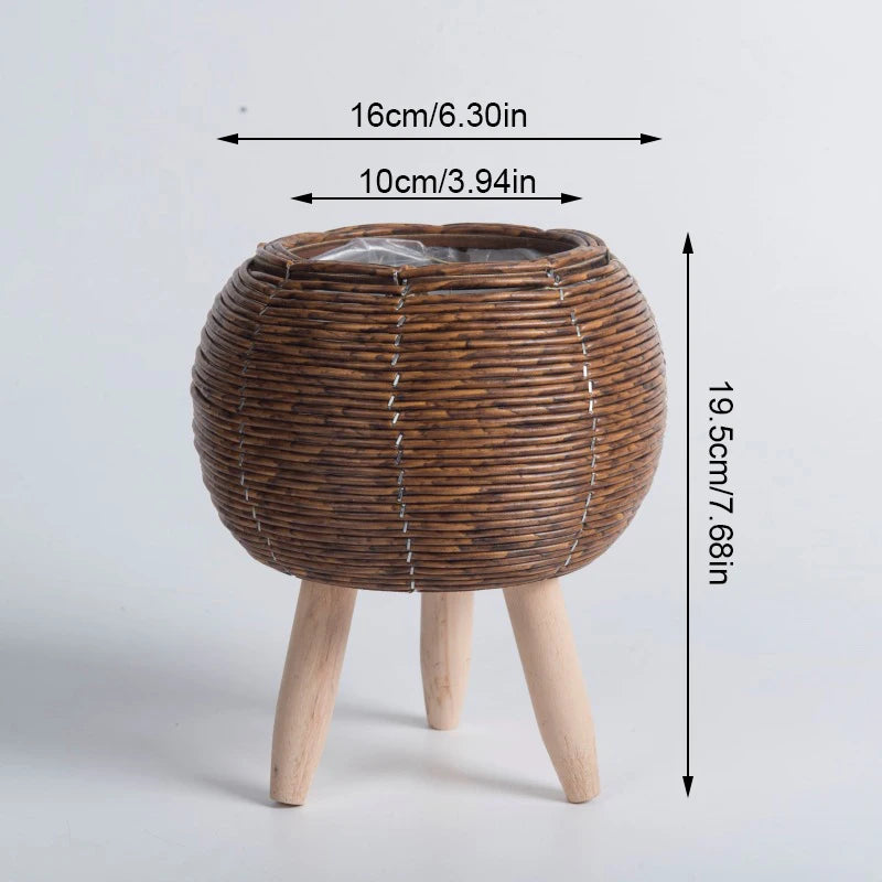 Nordic Imitation Rattan Flower Pot with Removable Legs – Woven Plant Basket Stand for Garden & Home Décor