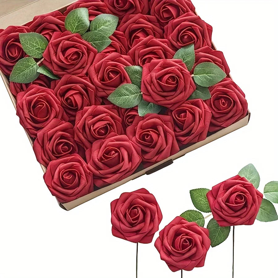 25pcs Artificial Roses with Stems – Fake Flowers for DIY Wedding Bouquets, Centerpieces, Party & Home Décor