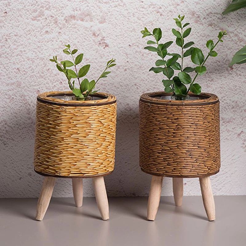 Nordic Imitation Rattan Flower Pot with Removable Legs – Woven Plant Basket Stand for Garden & Home Décor