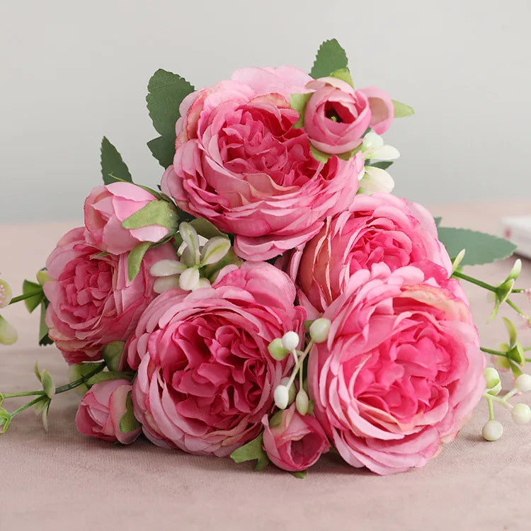 30cm Pink Silk Peony Bouquet – 5 Big Heads & 4 Small Buds Artificial Flower for Bridal, Wedding & Home Décor