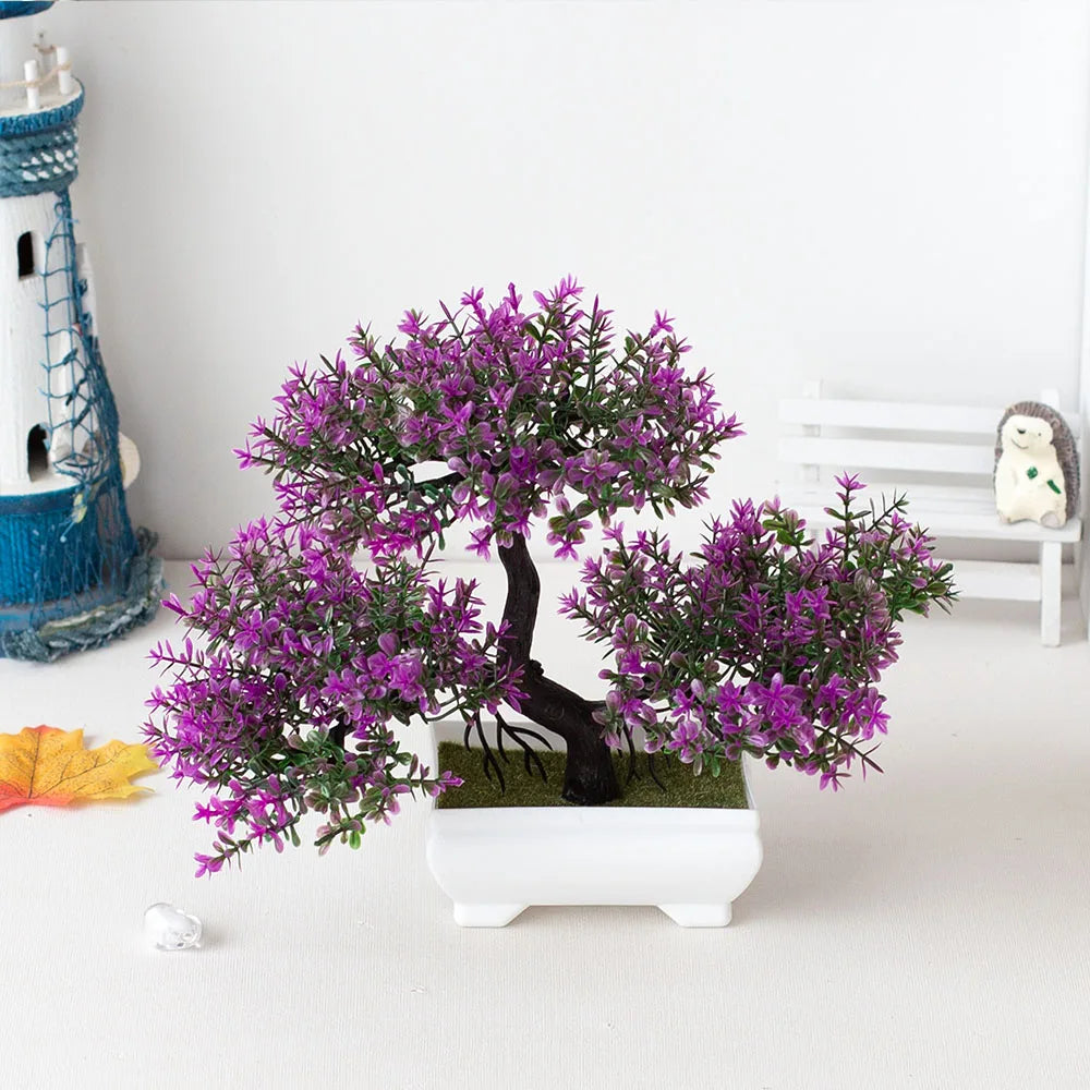 Artificial Bonsai Small Tree – Potted Plastic Fake Plant with Flowers for Garden, Home & Table Decoration