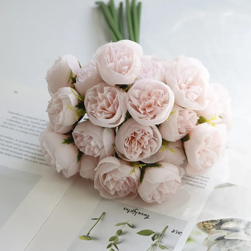 Rose Pink Peony Artificial Flowers Bouquet – 27-Head Silk Roses for Table Vase Arrangements, Home, Wedding & Event Decoration