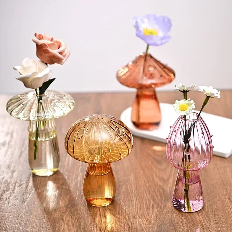 Transparent Mushroom Glass Vase – Decorative Flower Bottle for Flowers, Hydroponic Plants & Room Décor