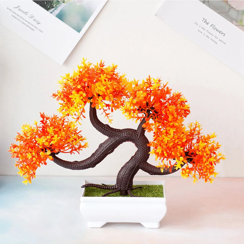 Artificial Bonsai Small Tree – Potted Plastic Fake Plant with Flowers for Garden, Home & Table Decoration