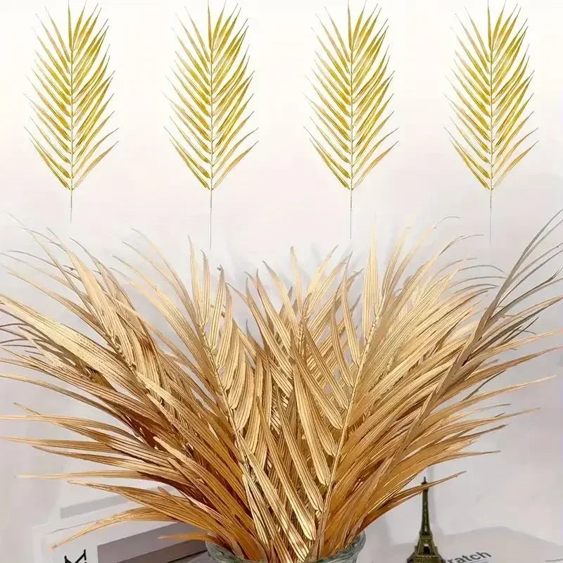 5pcs Golden Artificial Palm Leaves – Faux Tropical Plants for Indoor & Outdoor Home Décor, DIY Vase Fillers, Wedding & Party Decorations