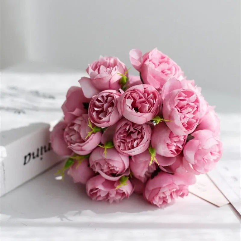 Rose Pink Peony Artificial Flowers Bouquet – 27-Head Silk Roses for Table Vase Arrangements, Home, Wedding & Event Decoration