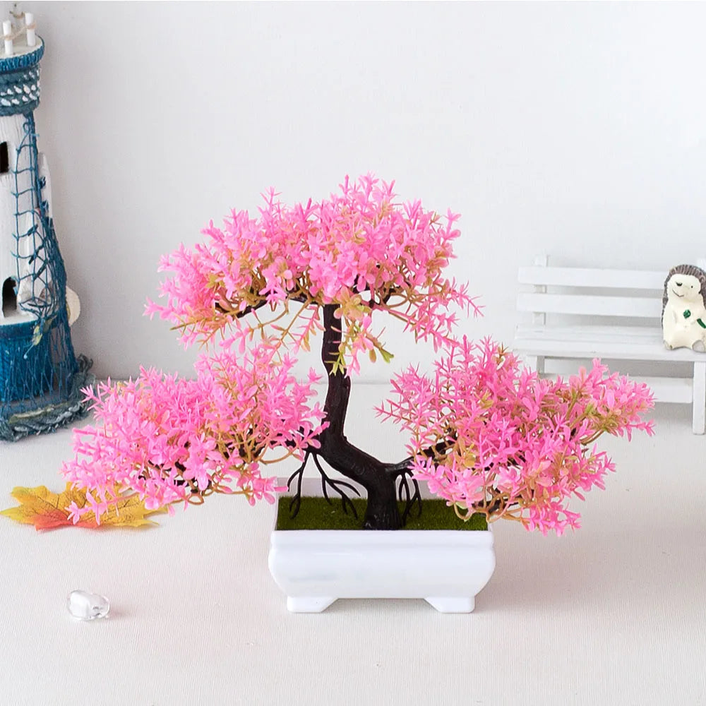 Artificial Bonsai Small Tree – Potted Plastic Fake Plant with Flowers for Garden, Home & Table Decoration