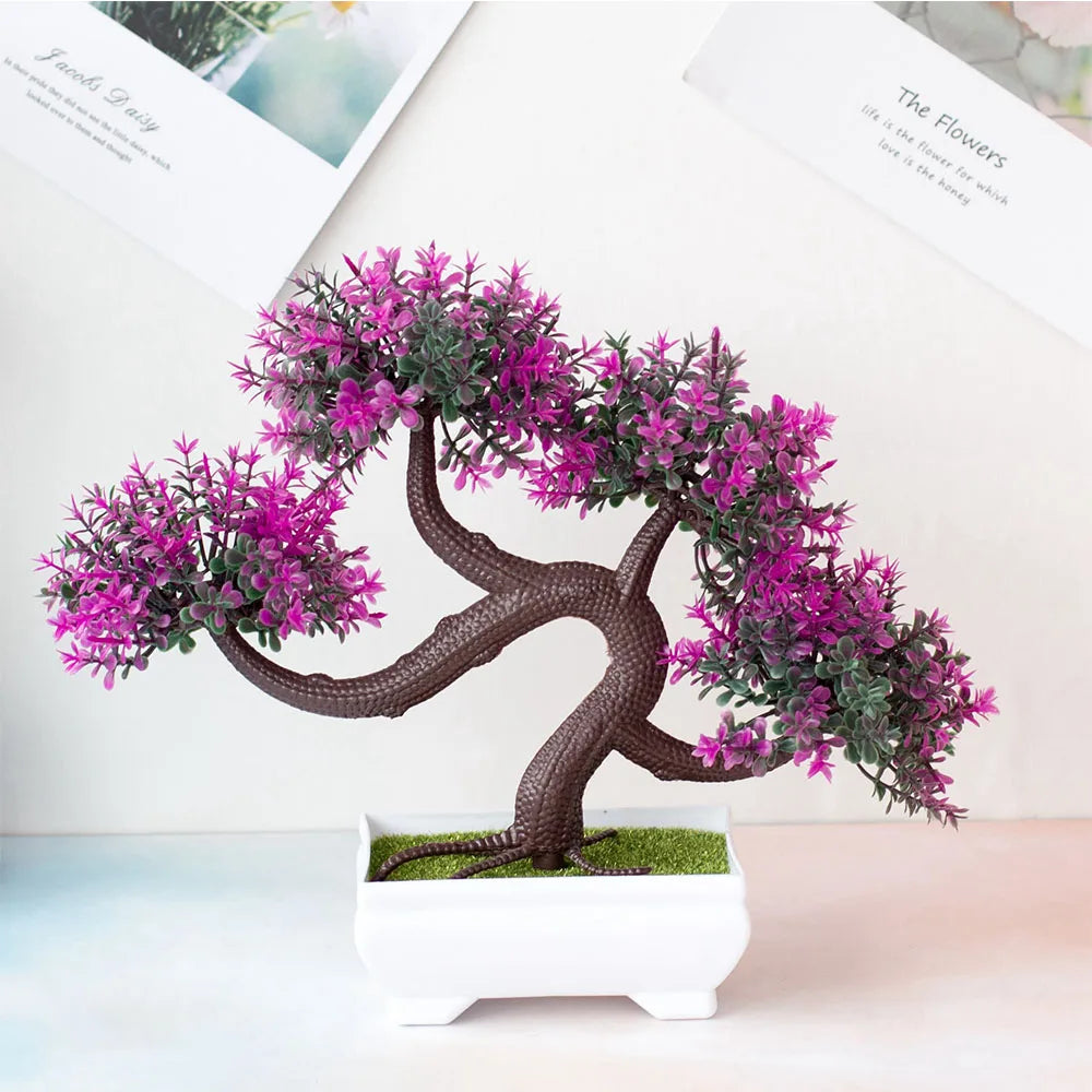 Artificial Bonsai Small Tree – Potted Plastic Fake Plant with Flowers for Garden, Home & Table Decoration