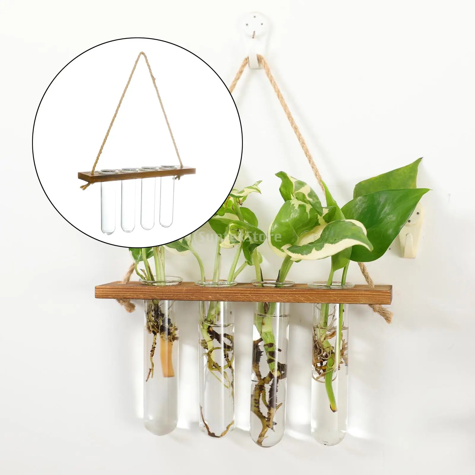 Wall Hanging Test Tube Glass Planter – Flower Bud Vase with Wooden Holder for Hydroponic Plant Propagation