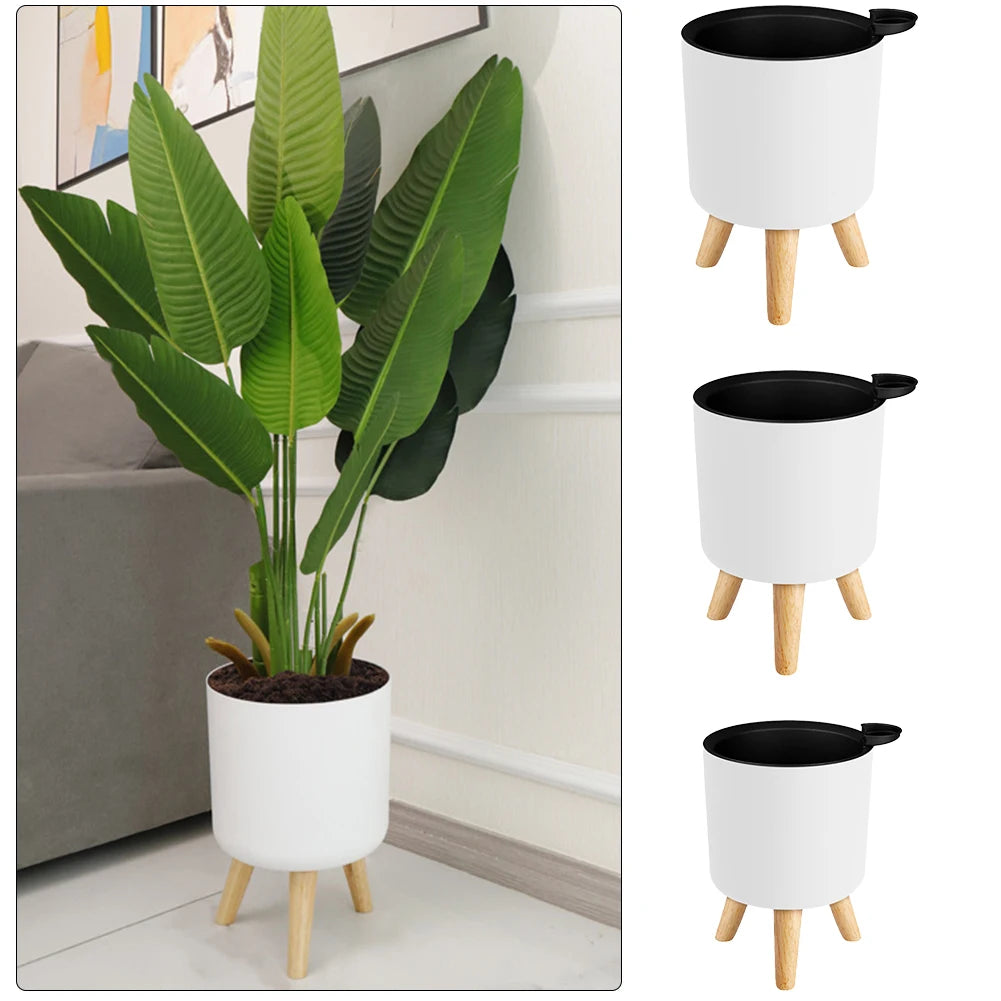 Floor-Standing Round Self-Watering Flower Pot with Wooden Legs – Modern Planter for Herbs, Bonsai & Plants with Drainage System