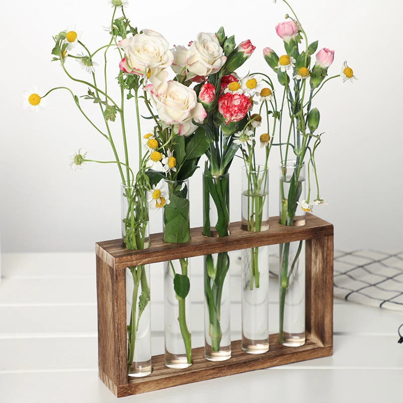 Creative Hydroponic Plant Container Set – Transparent Glass Test Tube Vase with Wooden Frame for Home & Desktop Décor