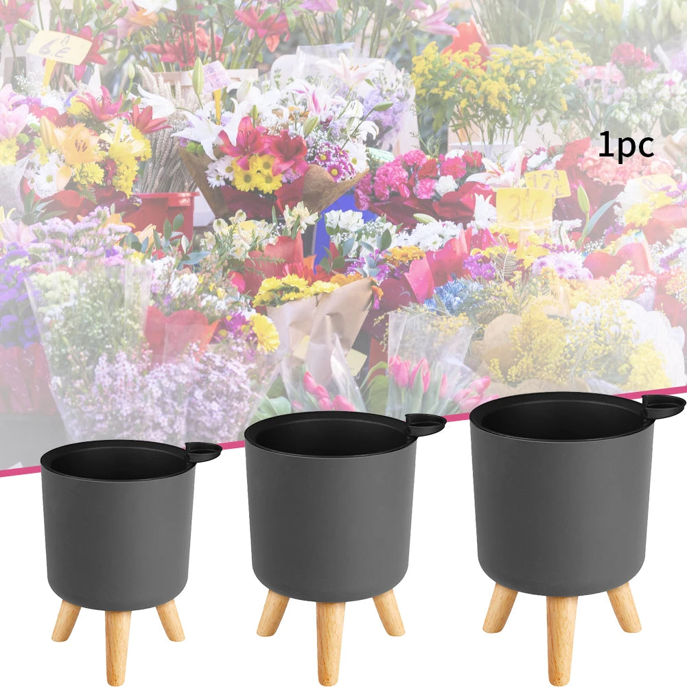 Floor-Standing Round Self-Watering Flower Pot with Wooden Legs – Modern Planter for Herbs, Bonsai & Plants with Drainage System