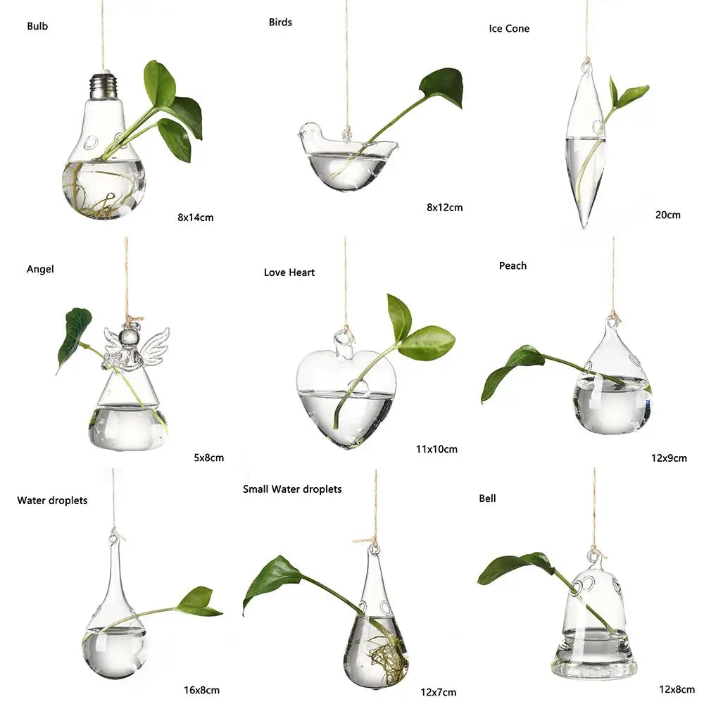 Cute Bulb/Bird/Angel/Peach/Water Droplet Glass Vase – Eye-Catching Transparent Hanging Hydroponic Plant Pot Container