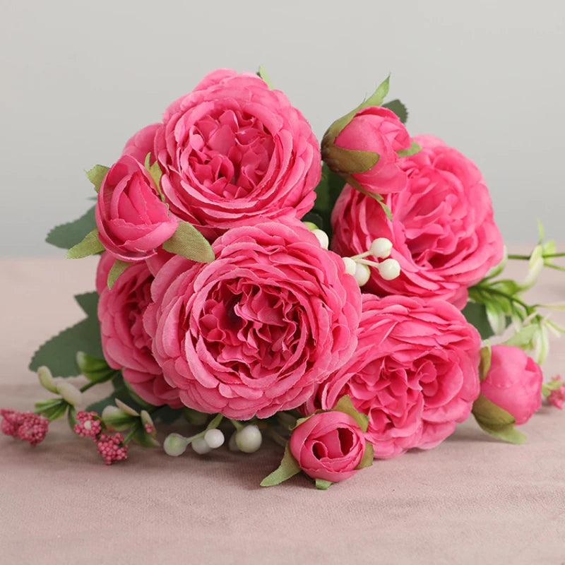 30cm Pink Silk Peony Bouquet – 5 Big Heads & 4 Small Buds Artificial Flower for Bridal, Wedding & Home Décor